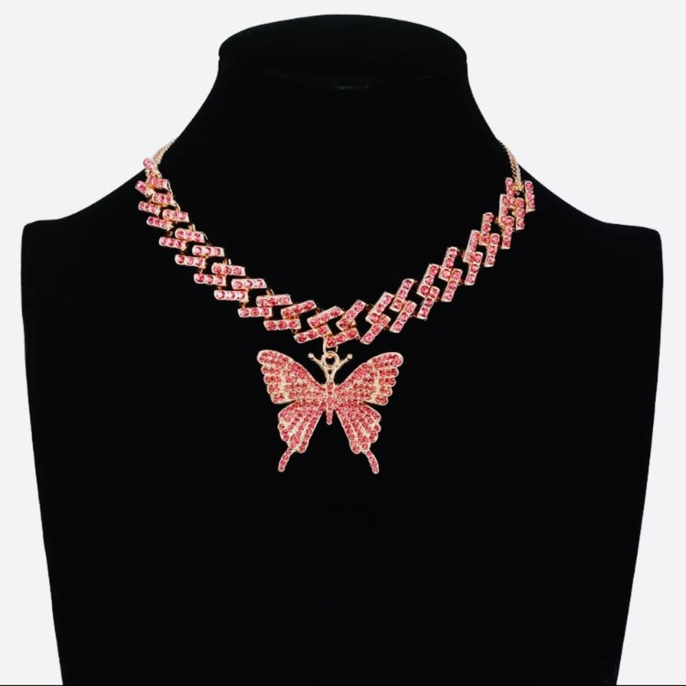 Cuban Link Butterfly Pink Choker - Picture 2 of 3